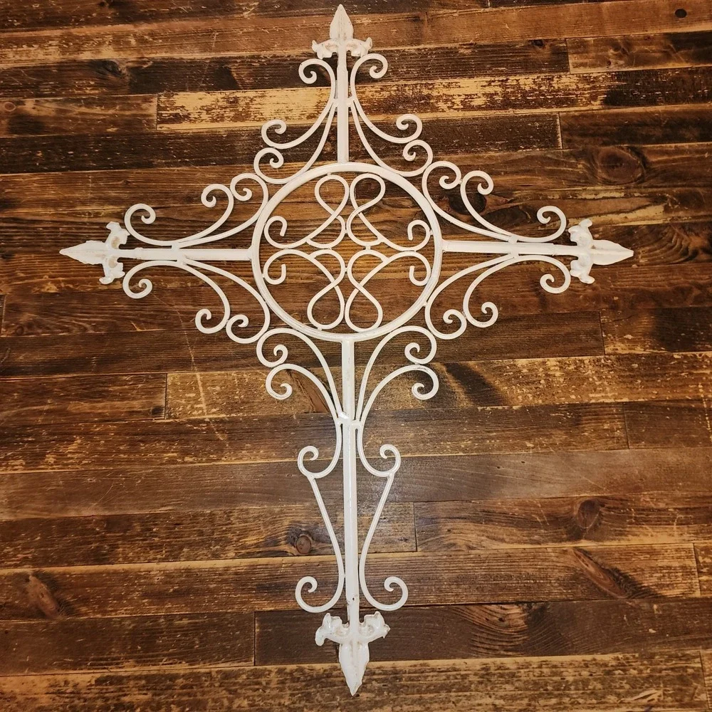 Decorative Large Wall Cross Metal Hanging Decor Off White Cream Color 26